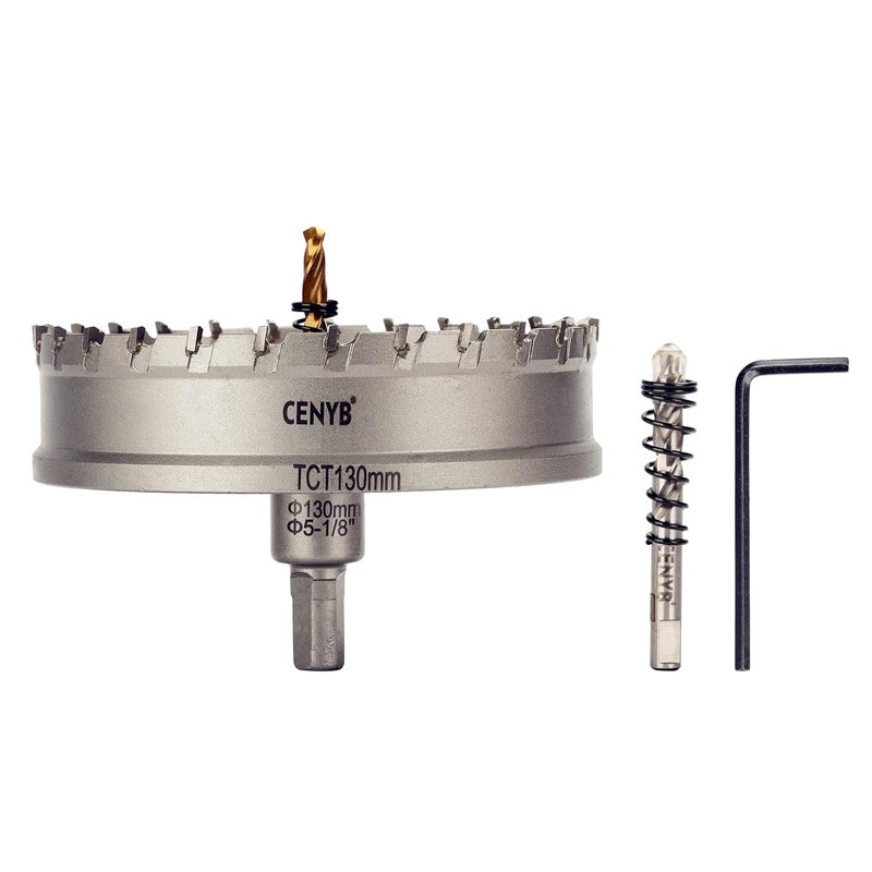 cenyb 5-1/8" (130mm) Tungsten Carbide Tipped Hole Saw with 2Pcs Titanium-Plated Pilot Drill Bits for Hard Metal,Stainless Steel,Iron,Aluminum Alloy,Wood and Plastic - Image 1